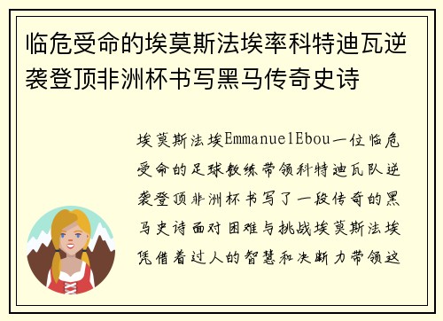 临危受命的埃莫斯法埃率科特迪瓦逆袭登顶非洲杯书写黑马传奇史诗
